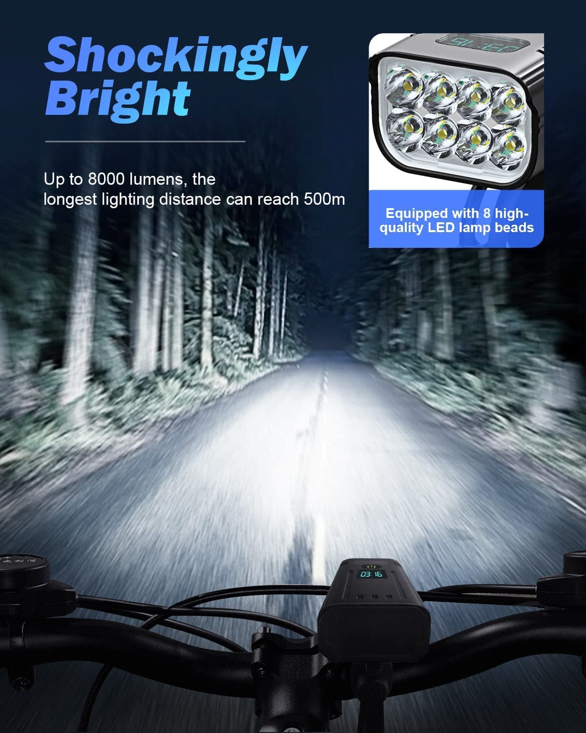 Velolampen-Set mit 8000 Lumen – Vorder- und Rücklicht über USB wiederaufladbar, Mattschwarz
