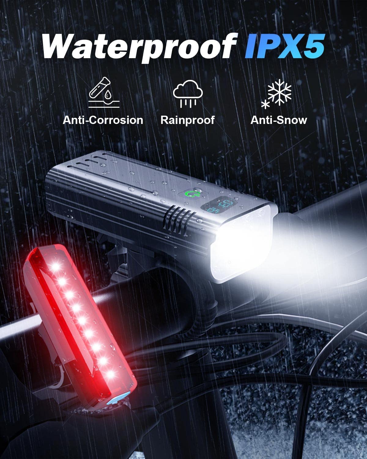 Velolampen-Set mit 8000 Lumen – Vorder- und Rücklicht über USB wiederaufladbar, Mattschwarz