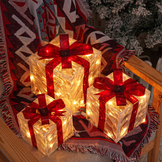 Leuchtende Weihnachts-Geschenkboxen, 3er-Set – Warmweisse LED-Weihnachtsdekoration für drinnen und draussen
