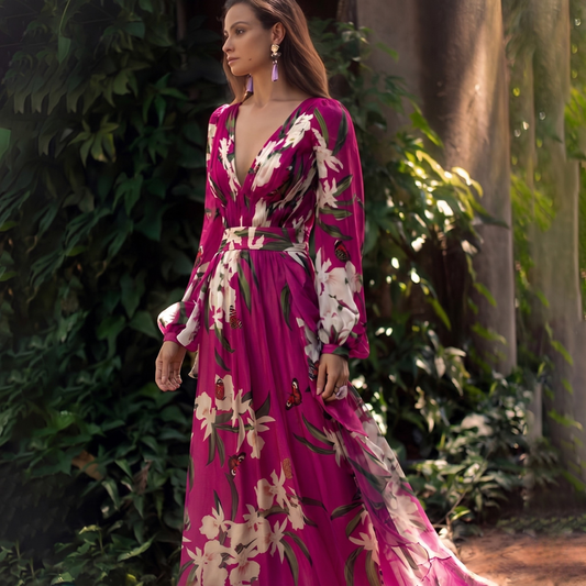 Damen-Maxikleid mit Blumenmuster und langen Ärmeln
