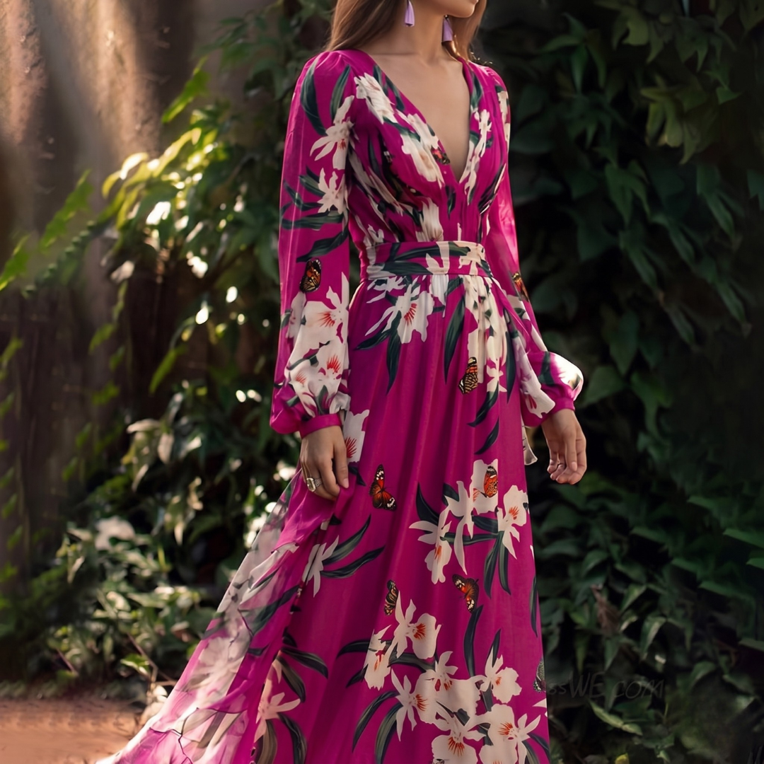 Damen-Maxikleid mit Blumenmuster und langen Ärmeln