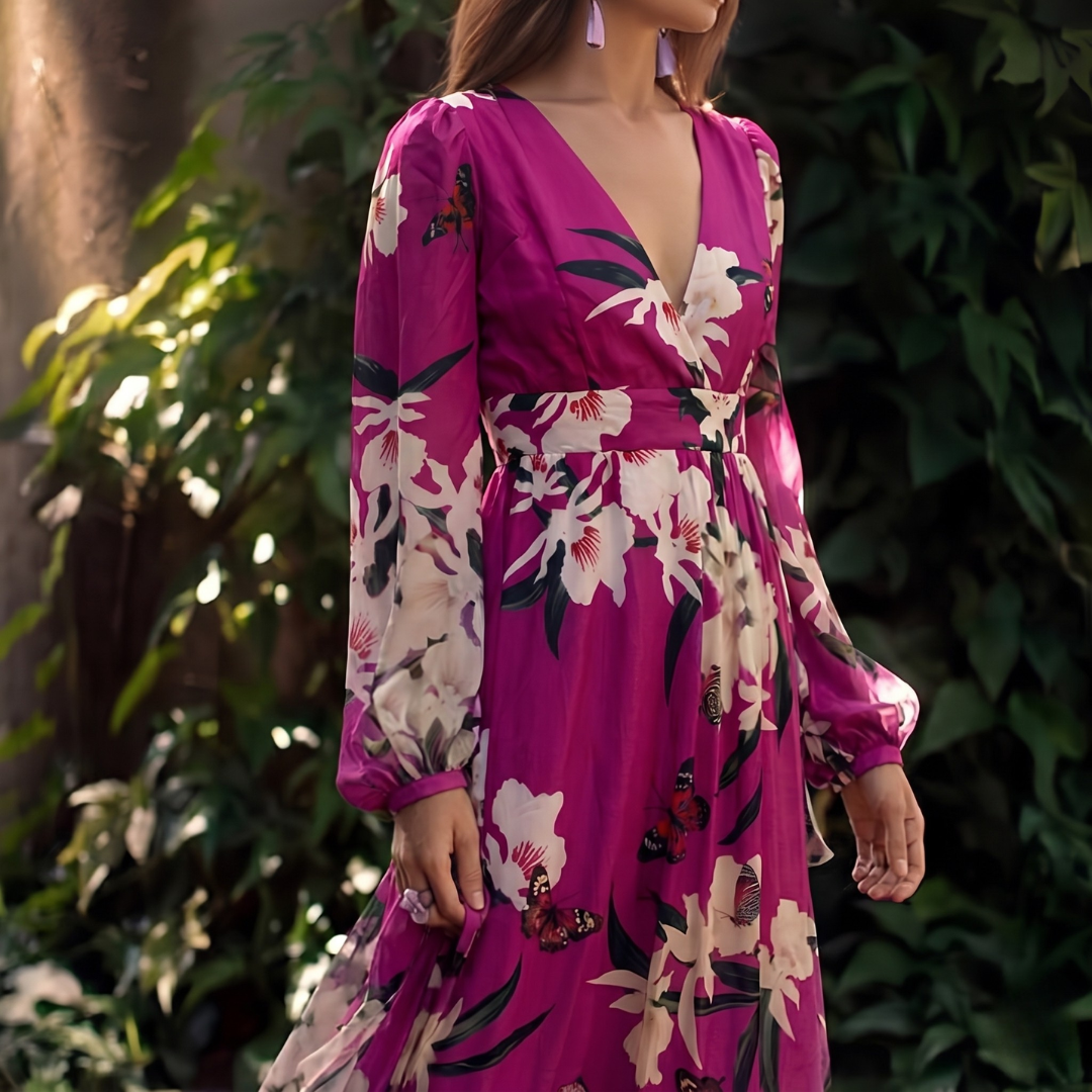 Damen-Maxikleid mit Blumenmuster und langen Ärmeln