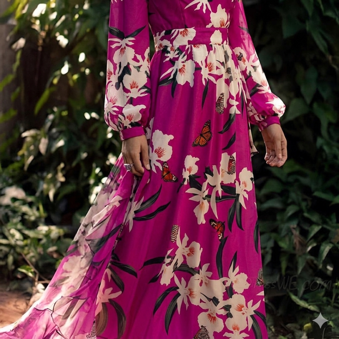 Damen-Maxikleid mit Blumenmuster und langen Ärmeln