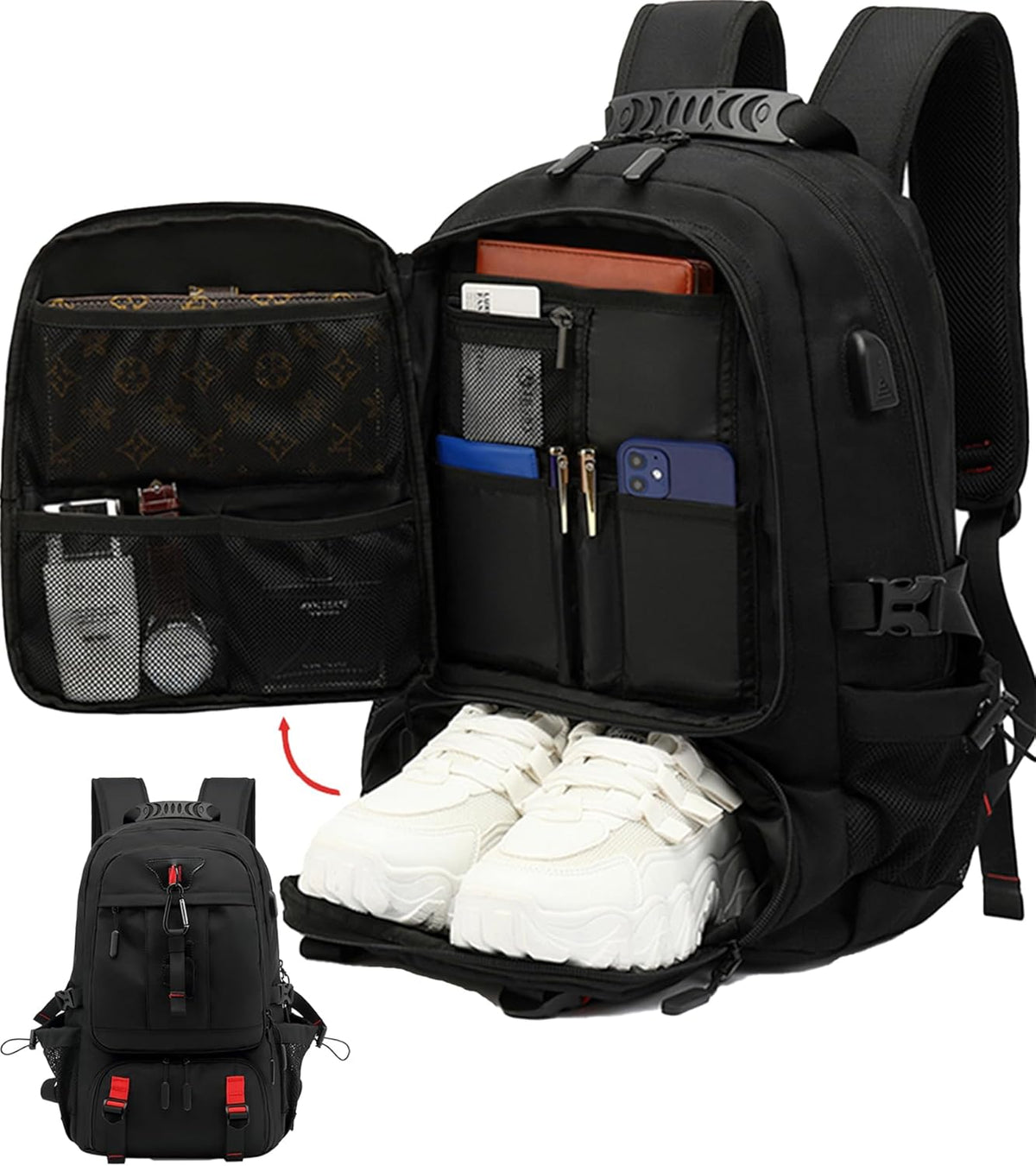 Wasserdichter 60-Liter-Reiserucksack mit USB-Anschluss und Schuhfach