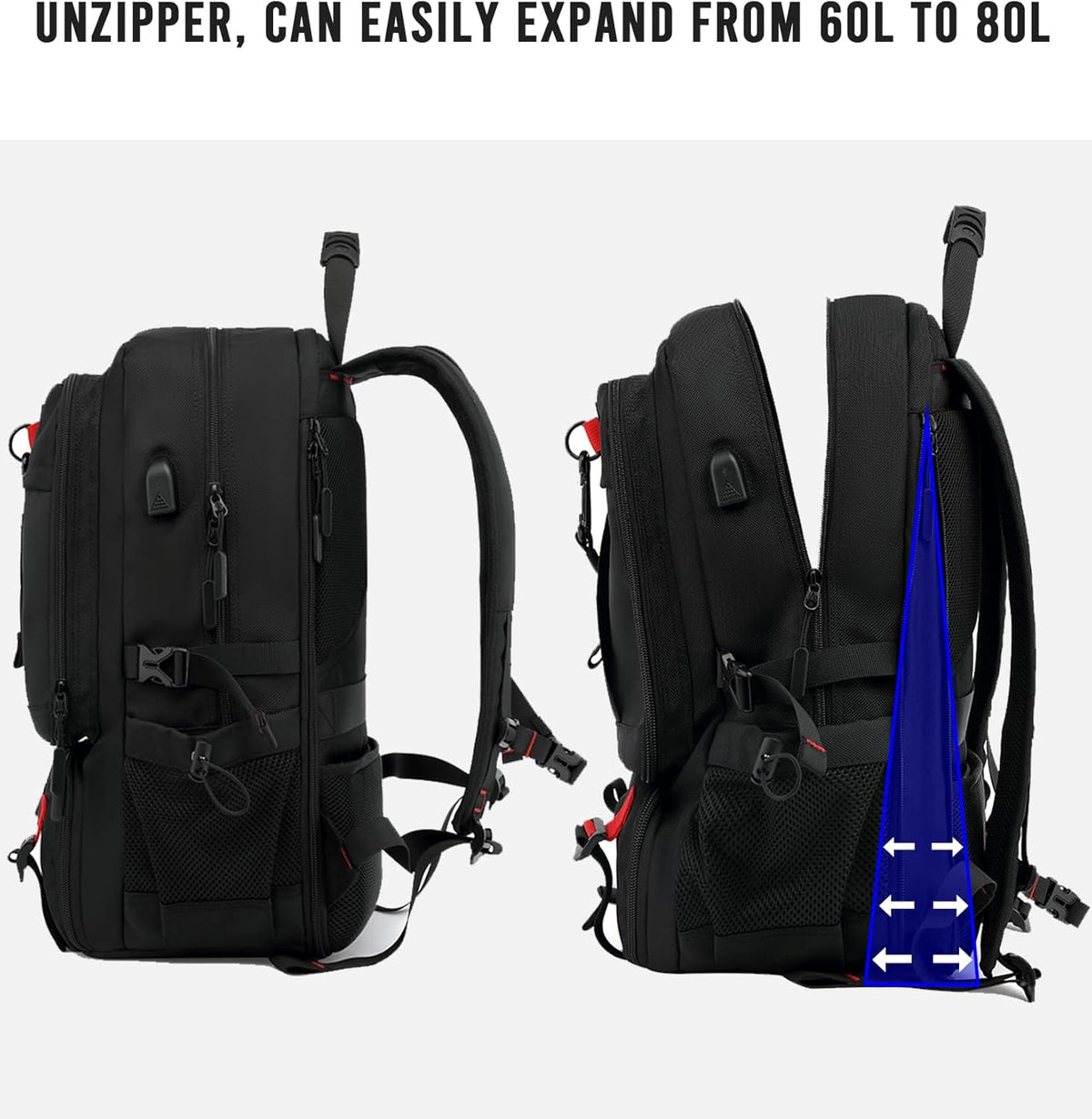 Wasserdichter 60-Liter-Reiserucksack mit USB-Anschluss und Schuhfach